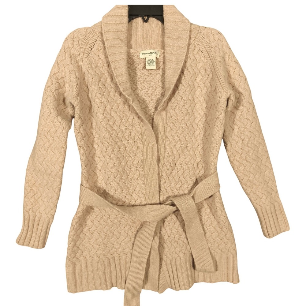 Banana‎ Republic Vintage Lambswool Angora Cable Knit Belted Cardigan Tan Small